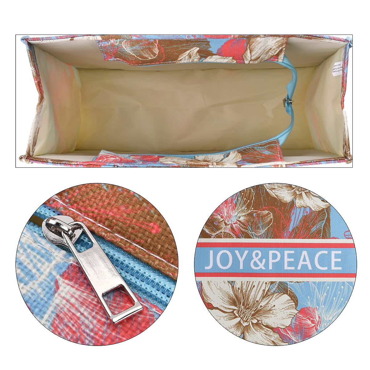 Light Blue with Multi Floral Printed Hand Washable Tote Bag For Women With Zipper Closure and Handle Drop (17x6.3x13.8) image number 5