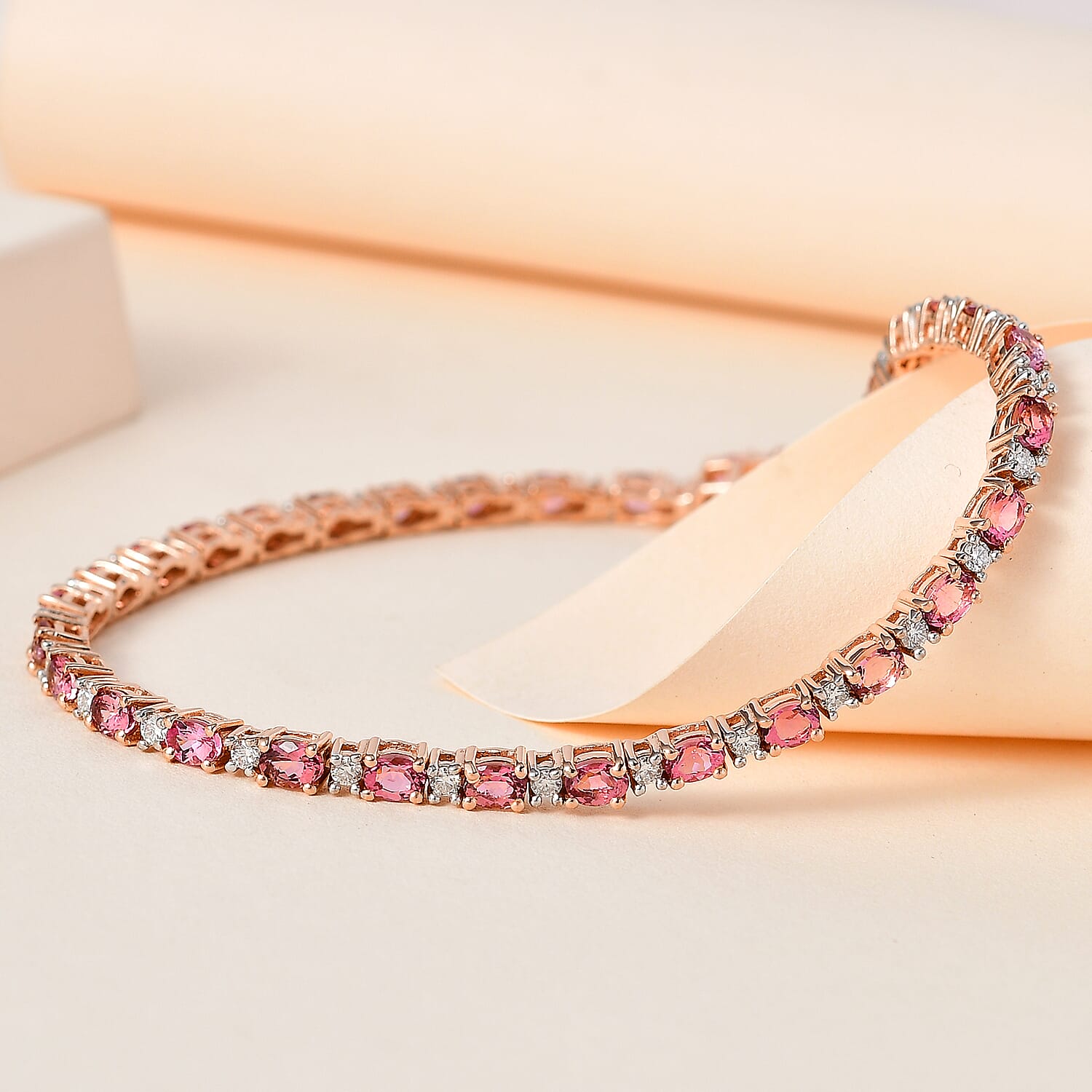 Premium Natural Calabar Pink Tourmaline and Moissanite Tennis Bracelet in Vermeil Rose Gold Over Sterling Silver (6.50 In) 5.00 ctw