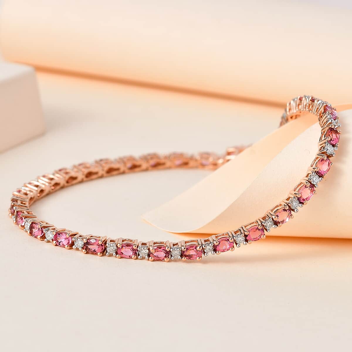 Premium Natural Calabar Pink Tourmaline and Moissanite Tennis Bracelet in Vermeil Rose Gold Over Sterling Silver (6.50 In) 5.40 ctw image number 1