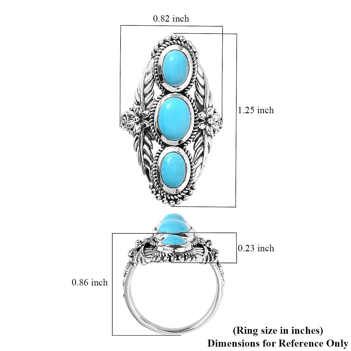 Artisan Crafted Sleeping Beauty Turquoise 2.90 ctw 3 Stone Ring in Sterling Silver (Size 7.0) image number 5