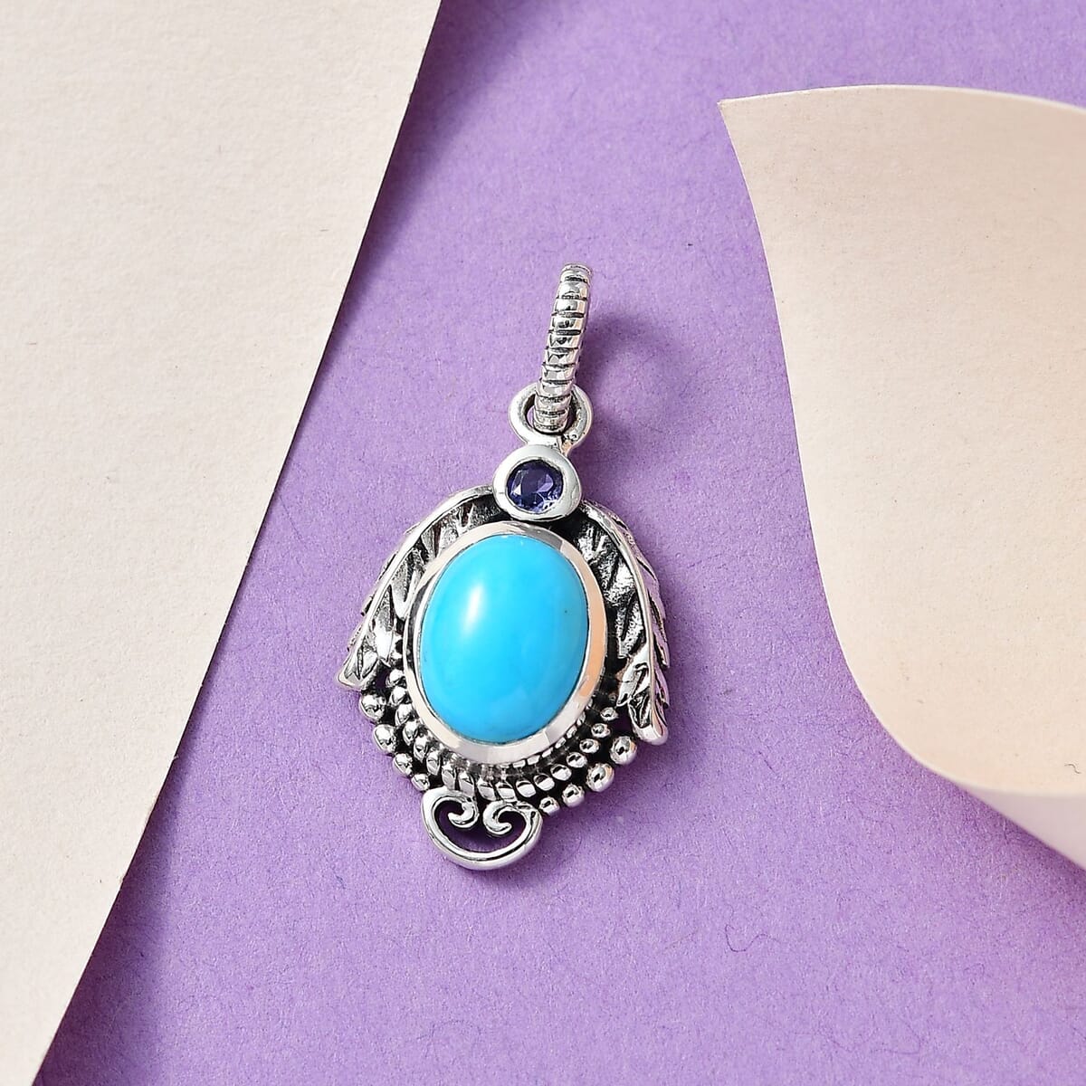 Artisan Crafted Sleeping Beauty Turquoise and Tanzanite Leaves Pendant in Sterling Silver 1.50 ctw image number 1