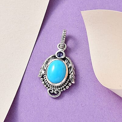 Artisan Crafted Sleeping Beauty Turquoise and Tanzanite Leaves Pendant in Sterling Silver 1.50 ctw