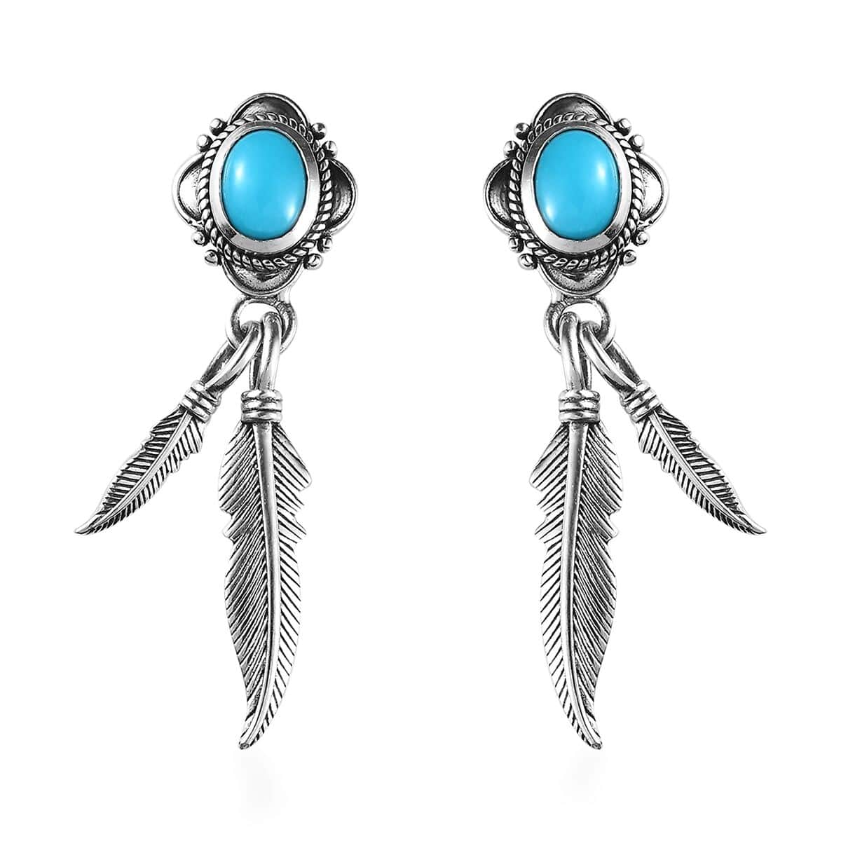 Artisan Crafted Sleeping Beauty Turquoise Feather Earrings in Sterling Silver 2.00 ctw image number 0