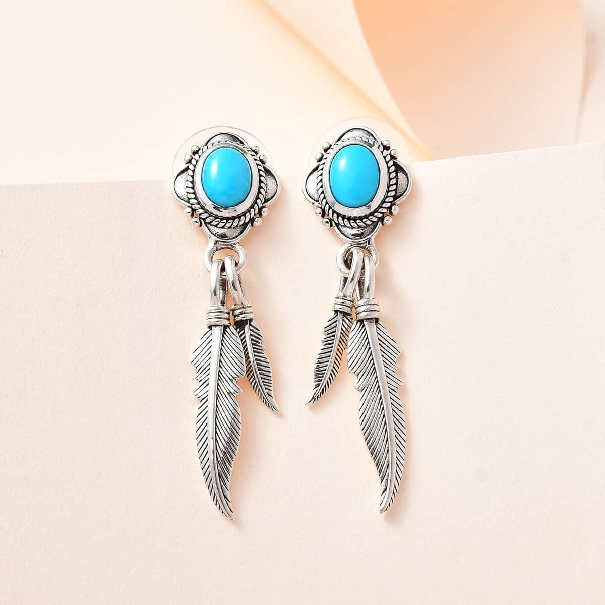 Artisan Crafted Sleeping Beauty Turquoise Feather Earrings in Sterling Silver 2.00 ctw image number 1
