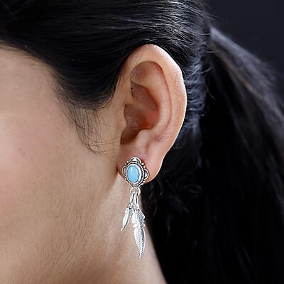 Artisan Crafted Sleeping Beauty Turquoise 2.00 ctw Feather Earrings in Sterling Silver