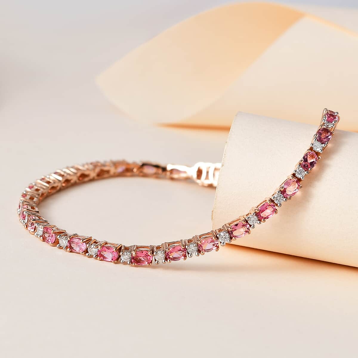 Premium Natural Calabar Pink Tourmaline and Moissanite Tennis Bracelet in Vermeil Rose Gold Over Sterling Silver (7.25 In) 5.60 ctw image number 1