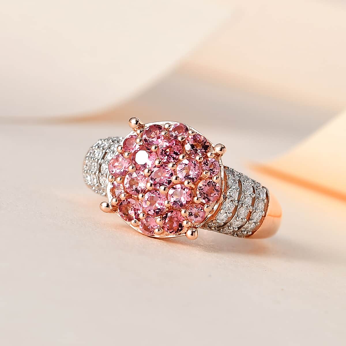 Natural Calabar Pink Tourmaline and Moissanite Ring in Vermeil Rose Gold Over Sterling Silver (Size 10.0) 1.75 ctw image number 1