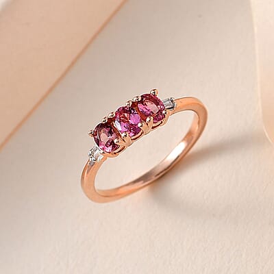 Premium Natural Calabar Pink Tourmaline and Diamond 3 Stone Ring in Vermeil Rose Gold Over Sterling Silver (Size 10.0) 0.50 ctw