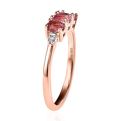 Premium Natural Calabar Pink Tourmaline and Diamond 3 Stone Ring in Vermeil Rose Gold Over Sterling Silver (Size 10.0) 0.50 ctw