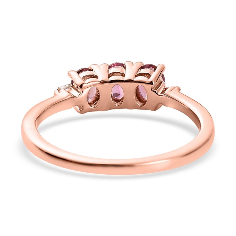Premium Natural Calabar Pink Tourmaline and Diamond 3 Stone Ring in Vermeil Rose Gold Over Sterling Silver (Size 10.0) 0.50 ctw