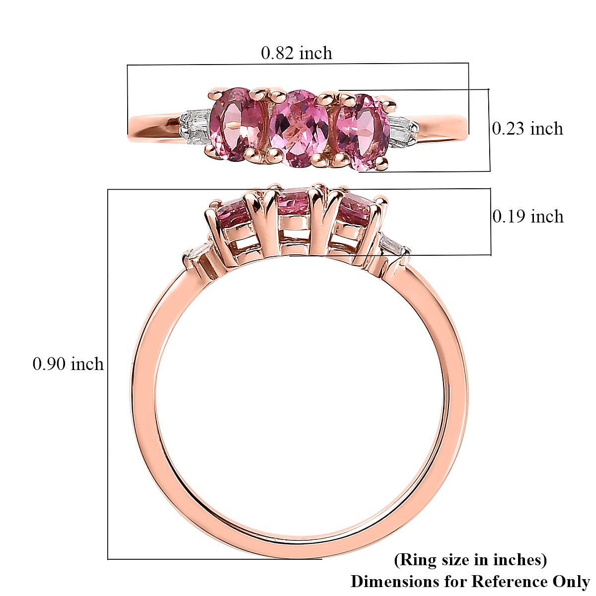 Premium Natural Calabar Pink Tourmaline and Diamond 3 Stone Ring in Vermeil Rose Gold Over Sterling Silver (Size 10.0) 0.50 ctw