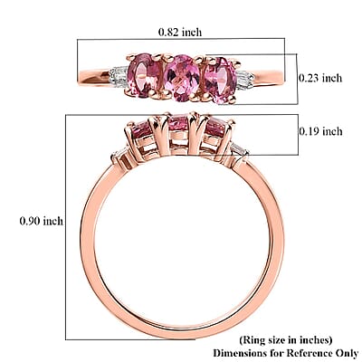 Premium Natural Calabar Pink Tourmaline and Diamond 3 Stone Ring in Vermeil Rose Gold Over Sterling Silver (Size 10.0) 0.50 ctw