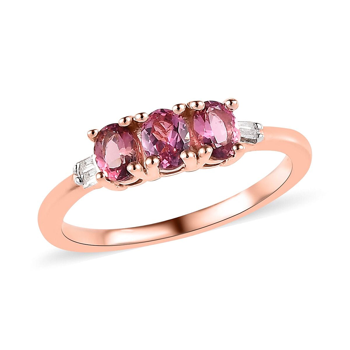 Premium Natural Calabar Pink Tourmaline and Diamond 3 Stone Ring in Vermeil Rose Gold Over Sterling Silver (Size 8.0) 0.50 ctw image number 0
