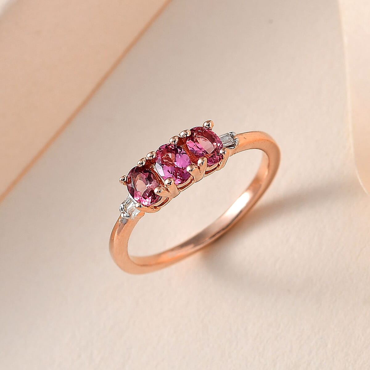 Premium Natural Calabar Pink Tourmaline and Diamond 3 Stone Ring in Vermeil Rose Gold Over Sterling Silver (Size 8.0) 0.50 ctw image number 1