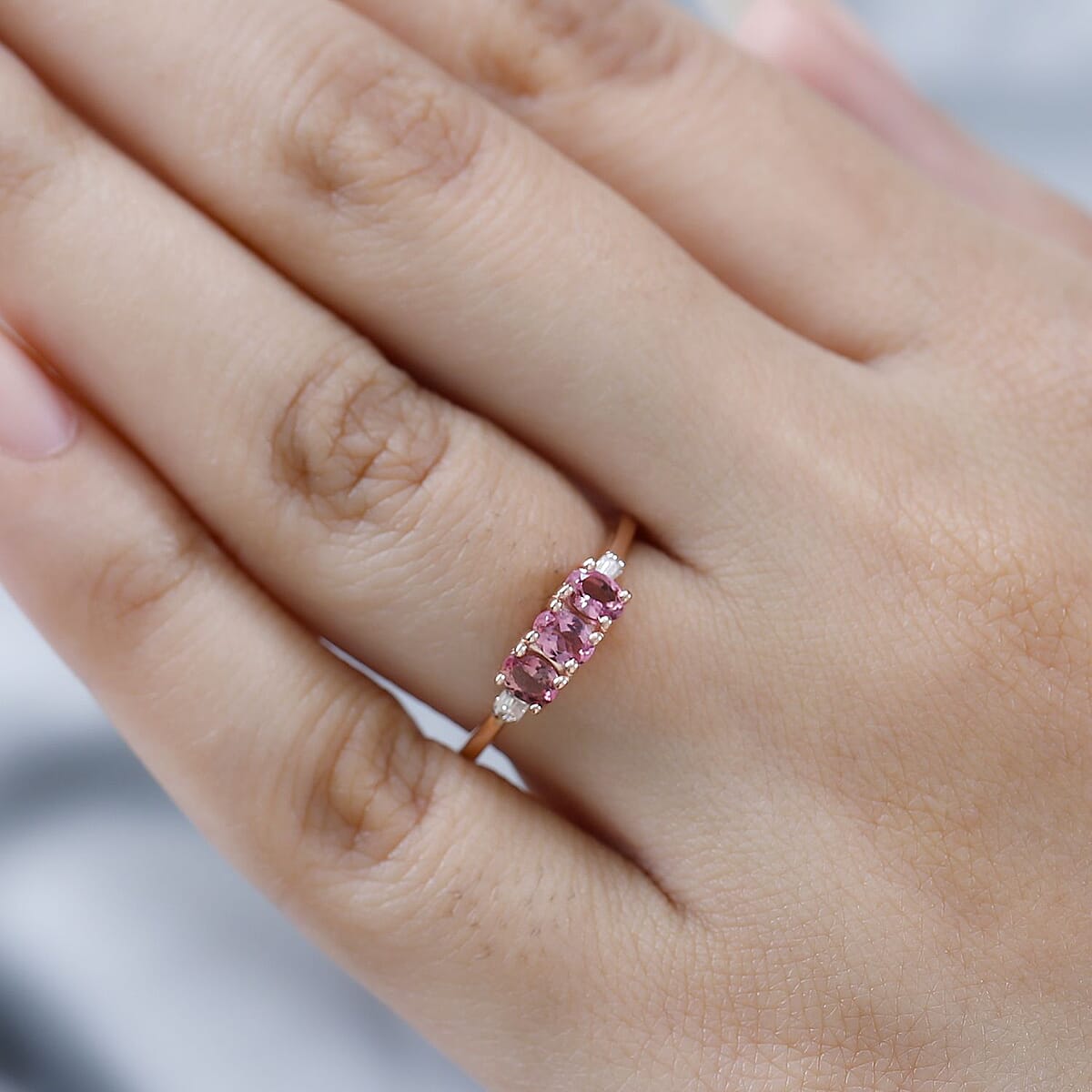 Premium Natural Calabar Pink Tourmaline and Diamond 3 Stone Ring in Vermeil Rose Gold Over Sterling Silver (Size 8.0) 0.50 ctw image number 2