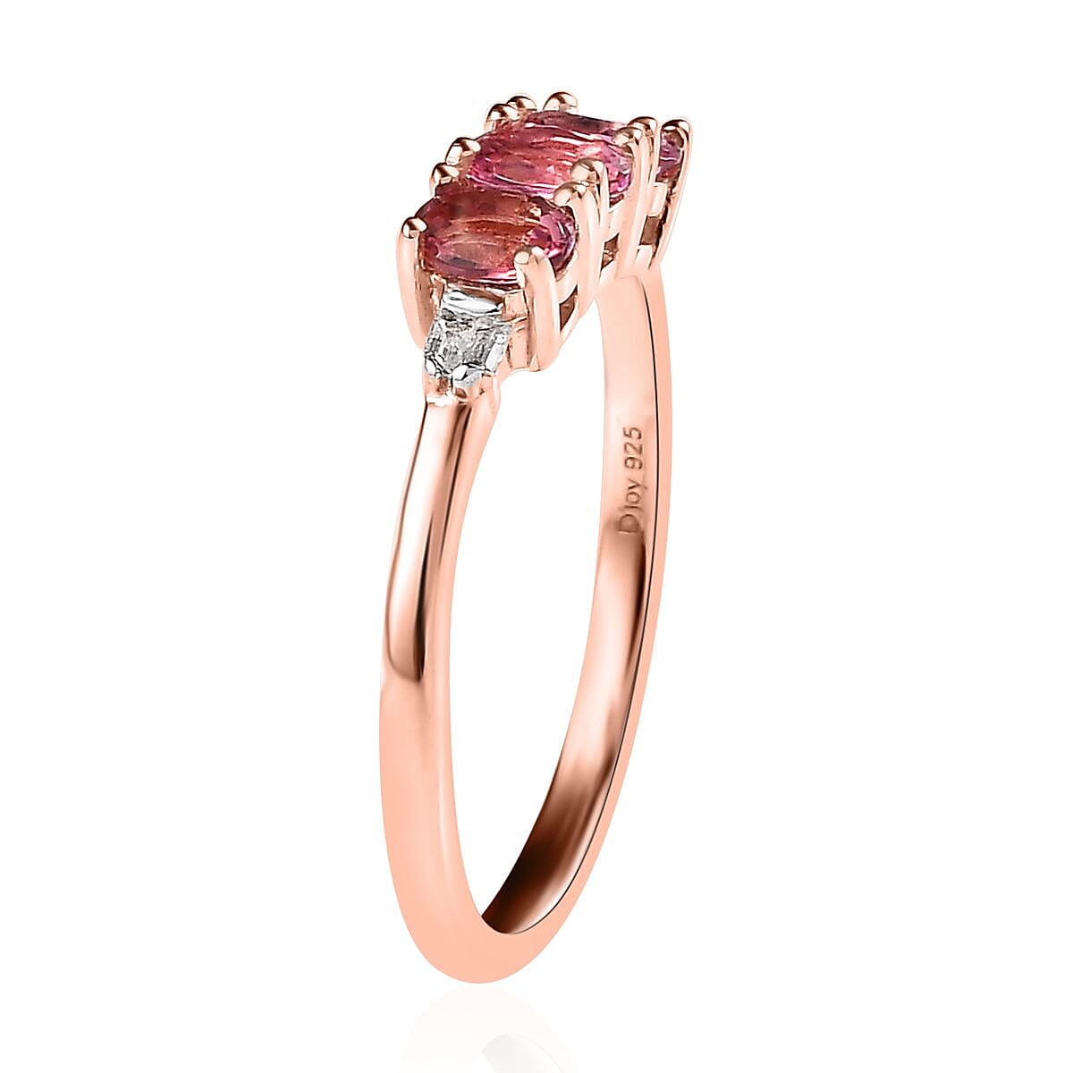Premium Natural Calabar Pink Tourmaline and Diamond 3 Stone Ring in Vermeil Rose Gold Over Sterling Silver (Size 8.0) 0.50 ctw image number 3