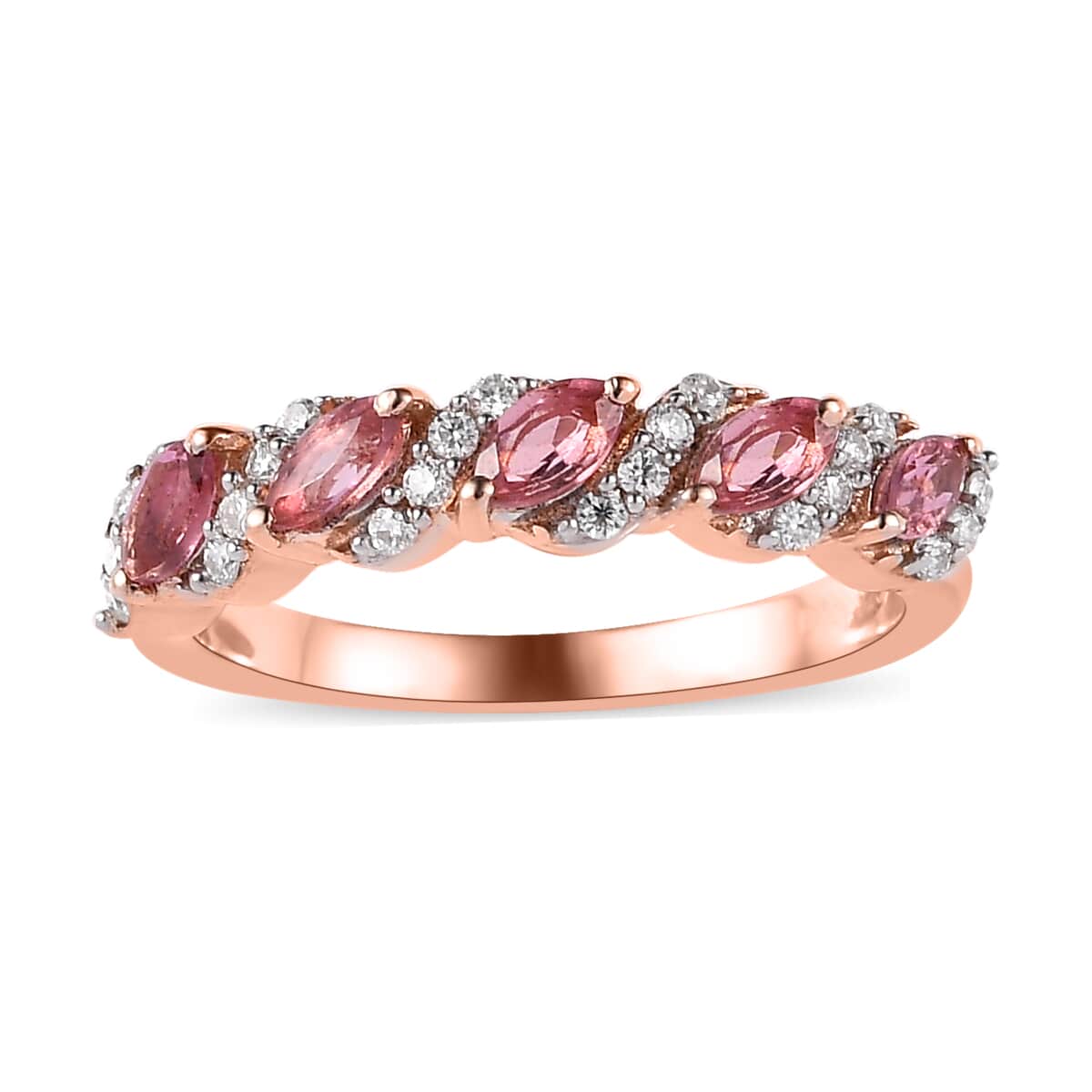 Premium Natural Calabar Pink Tourmaline and Moissanite 5 Stone Ring in Vermeil Rose Gold Over Sterling Silver 0.65 ctw image number 0