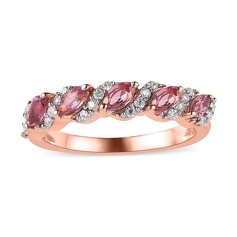 Premium Natural Calabar Pink Tourmaline and Moissanite 5 Stone Ring in Vermeil Rose Gold Over Sterling Silver (Size 10.0) 0.65 ctw