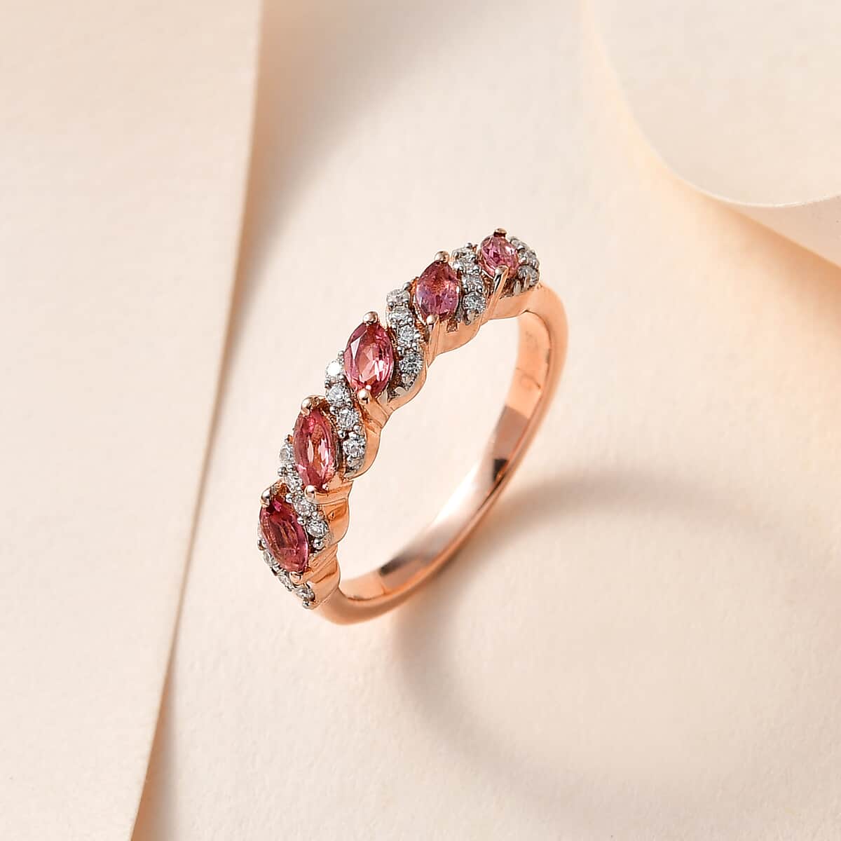 Premium Natural Calabar Pink Tourmaline and Moissanite 5 Stone Ring in Vermeil Rose Gold Over Sterling Silver 0.65 ctw image number 1