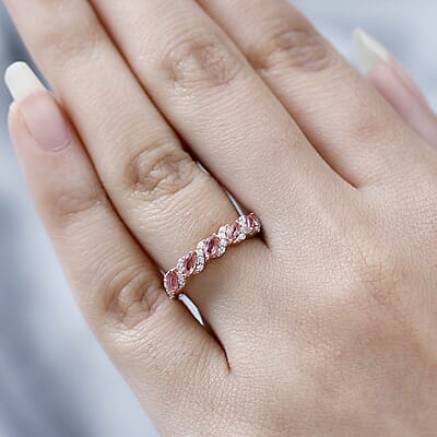 Premium Natural Calabar Pink Tourmaline and Moissanite 5 Stone Ring in Vermeil Rose Gold Over Sterling Silver (Size 10.0) 0.65 ctw