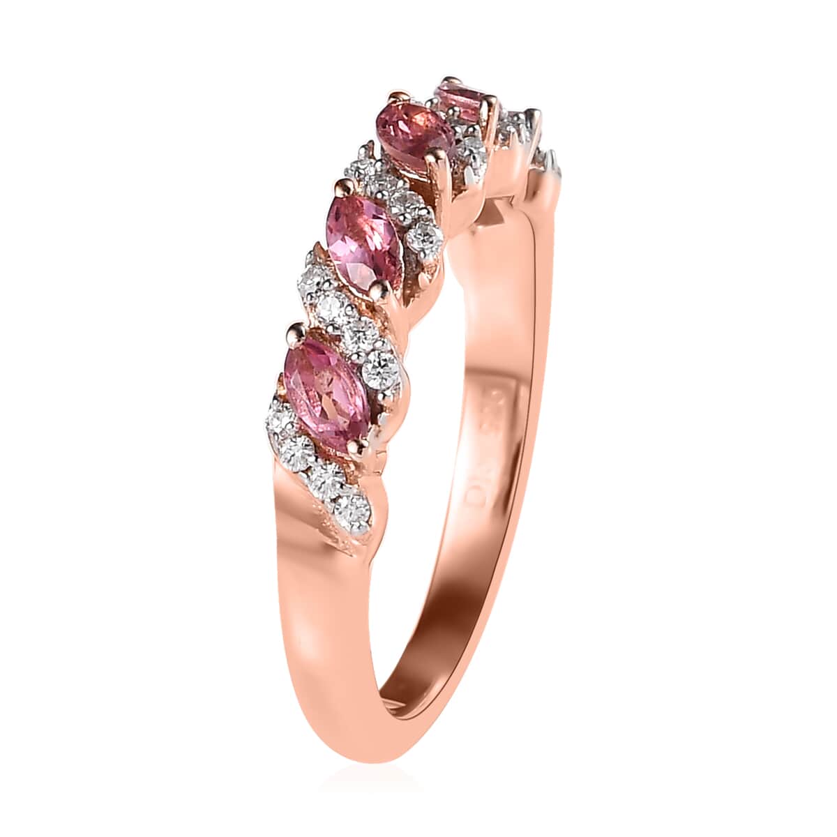 Premium Natural Calabar Pink Tourmaline and Moissanite 5 Stone Ring in Vermeil Rose Gold Over Sterling Silver 0.65 ctw image number 3