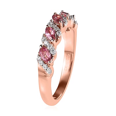 Premium Natural Calabar Pink Tourmaline and Moissanite 5 Stone Ring in Vermeil Rose Gold Over Sterling Silver (Size 10.0) 0.65 ctw