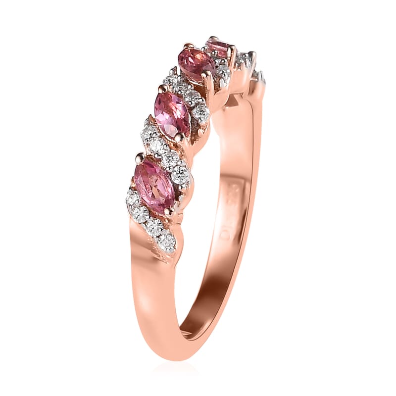 Premium Natural Calabar Pink Tourmaline and Moissanite 5 Stone Ring in Vermeil Rose Gold Over Sterling Silver (Size 10.0) 0.65 ctw