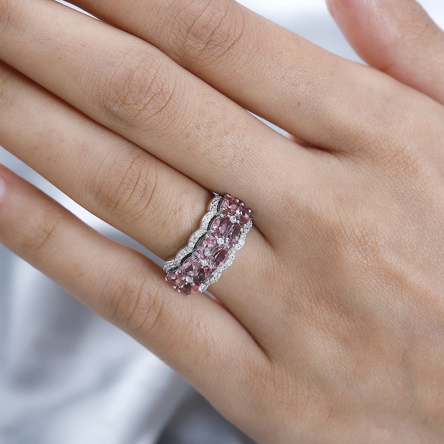Morro Redondo Pink Tourmaline and White Zircon Ring in Platinum Over Sterling Silver, Pink Tourmaline Jewelry, Pink Gifts For Her 2.75 ctw