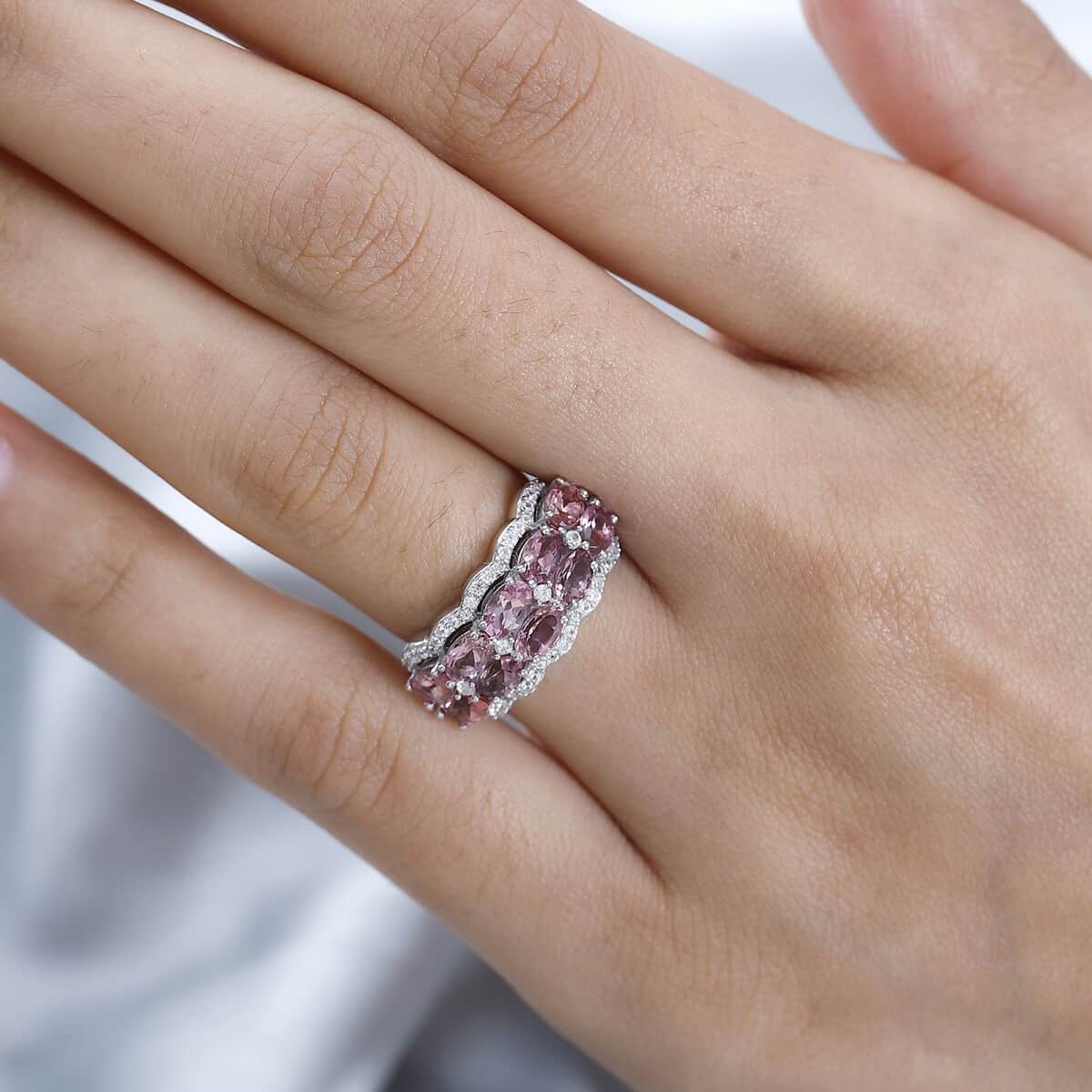 Morro Redondo Pink Tourmaline and White Zircon Ring in Platinum Over Sterling Silver, Pink Tourmaline Jewelry, Pink Gifts For Her 2.75 ctw image number 2