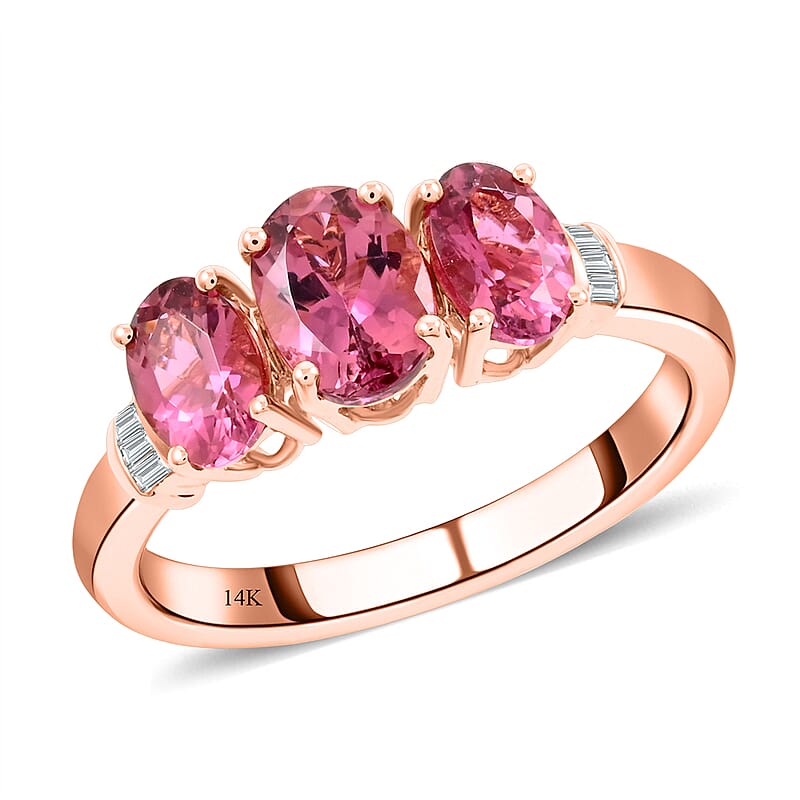 Luxoro 14K Rose Gold AAA Natural Calabar Pink Tourmaline and G-H I3 Diamond Ring (Size 7.0) 1.75 ctw (Del. 7-10 Days)