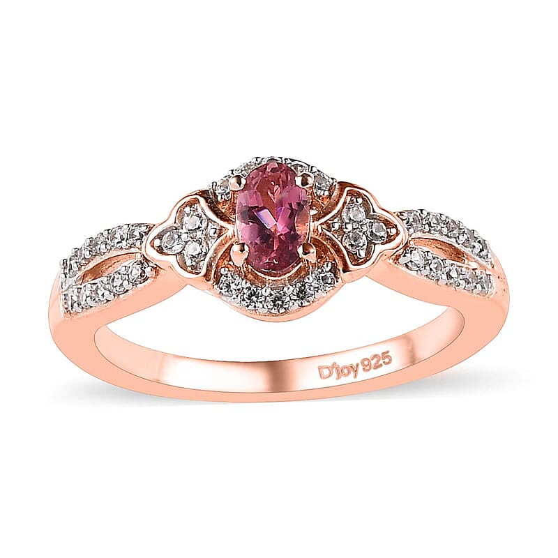 Premium Natural Calabar Pink Tourmaline and White Zircon Ring in Vermeil Rose Gold Over Sterling Silver (Size 10.0) 0.50 ctw