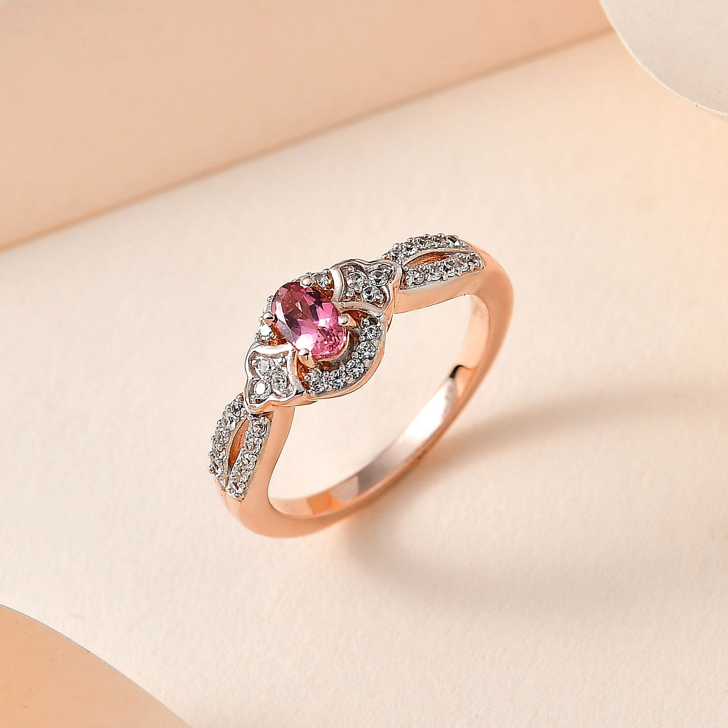 Premium Natural Calabar Pink Tourmaline and White Zircon Ring in Vermeil Rose Gold Over Sterling Silver (Size 10.0) 0.50 ctw