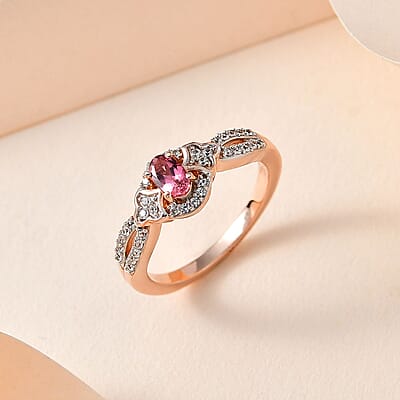 Premium Natural Calabar Pink Tourmaline and White Zircon Ring in Vermeil Rose Gold Over Sterling Silver (Size 10.0) 0.50 ctw
