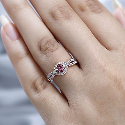 Premium Natural Calabar Pink Tourmaline and White Zircon Ring in Vermeil Rose Gold Over Sterling Silver (Size 10.0) 0.50 ctw