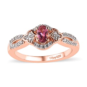 Premium Natural Calabar Pink Tourmaline and White Zircon Ring in Vermeil Rose Gold Over Sterling Silver (Size 7.0) 0.50 ctw