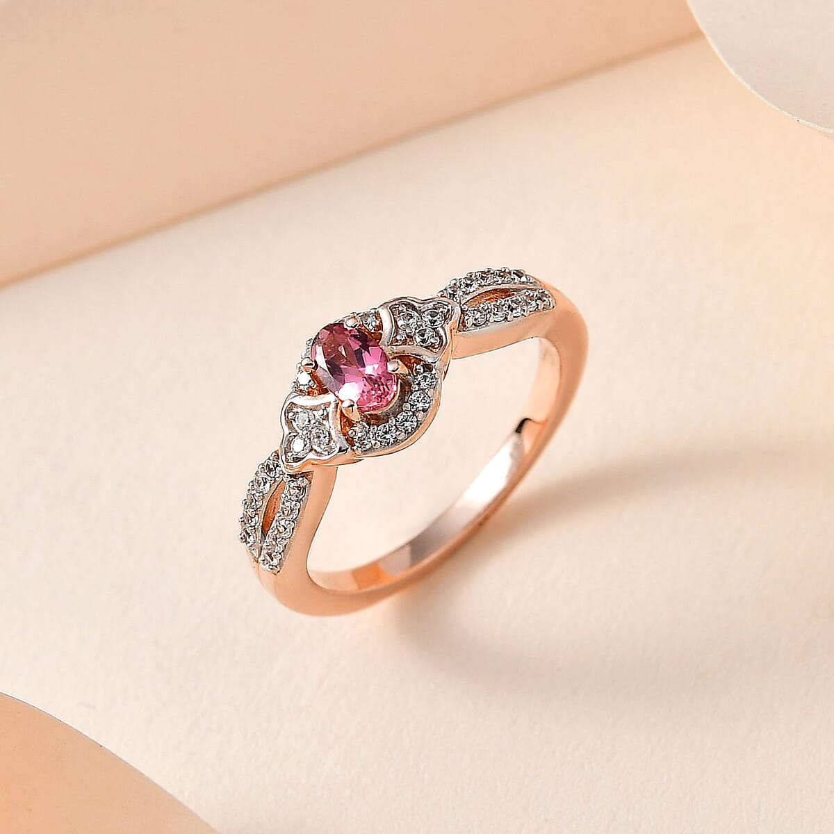 Premium Natural Calabar Pink Tourmaline and White Zircon Ring in Vermeil Rose Gold Over Sterling Silver (Size 7.0) 0.50 ctw image number 1