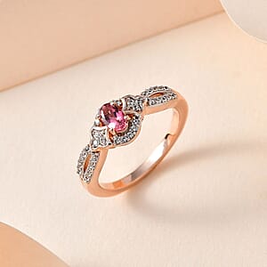 Premium Natural Calabar Pink Tourmaline and White Zircon Ring in Vermeil Rose Gold Over Sterling Silver (Size 7.0) 0.50 ctw