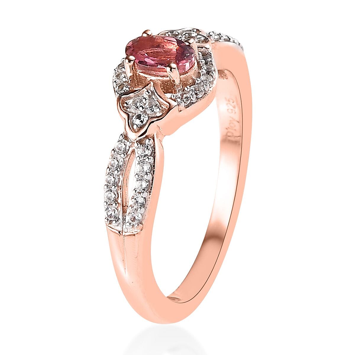 Premium Natural Calabar Pink Tourmaline and White Zircon Ring in Vermeil Rose Gold Over Sterling Silver (Size 7.0) 0.50 ctw image number 3
