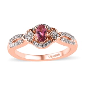 Premium Natural Calabar Pink Tourmaline and White Zircon Ring in Vermeil Rose Gold Over Sterling Silver (Size 9.0) 0.50 ctw