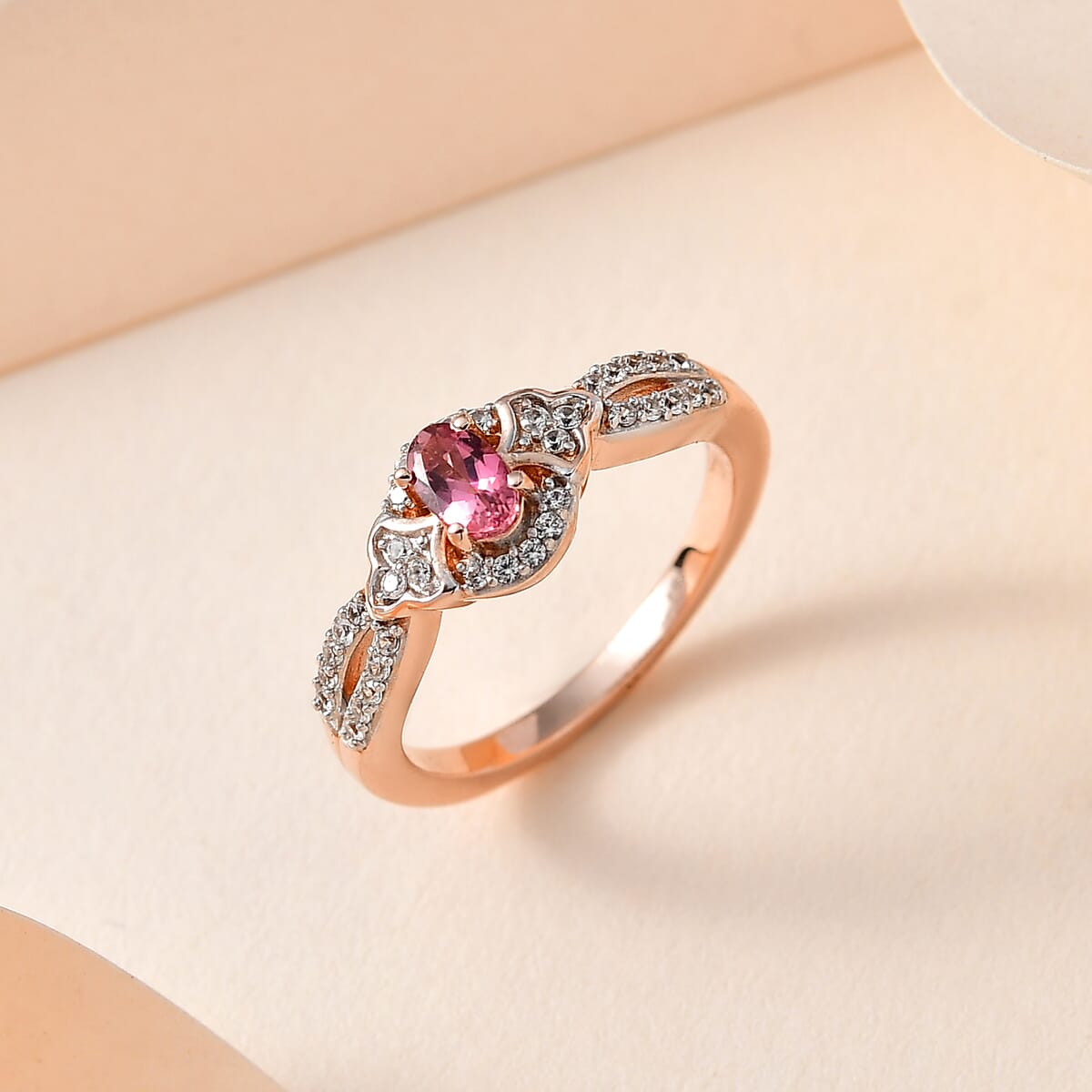 Premium Natural Calabar Pink Tourmaline and White Zircon Ring in Vermeil Rose Gold Over Sterling Silver (Size 9.0) 0.50 ctw image number 1