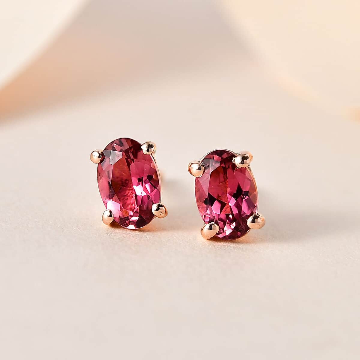 Premium Natural Calabar Pink Tourmaline Solitaire Stud Earrings in Vermeil Rose Gold Over Sterling Silver 0.90 ctw image number 1