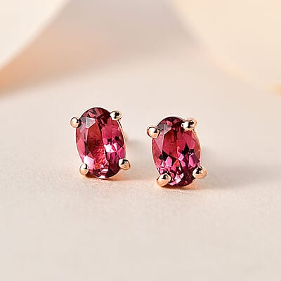Premium Natural Calabar Pink Tourmaline 0.90 ctw Solitaire Stud Earrings in Vermeil Rose Gold Over Sterling Silver