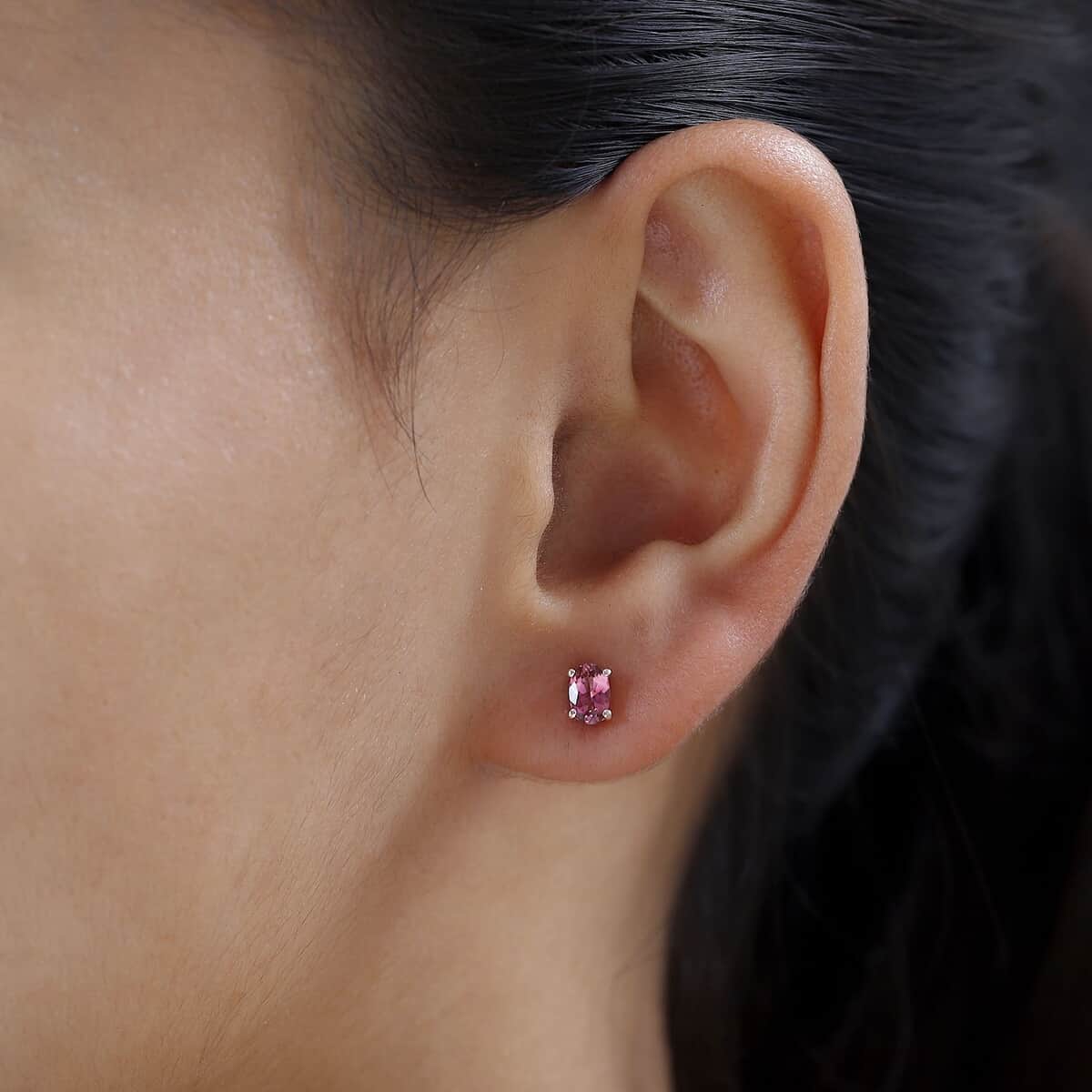Premium Natural Calabar Pink Tourmaline Solitaire Stud Earrings in Vermeil Rose Gold Over Sterling Silver 0.90 ctw image number 2