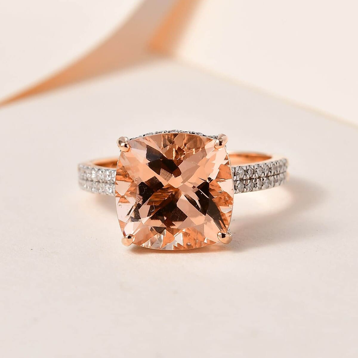 Luxoro 14K Rose Gold AAA Marropino Morganite and G-H I2 Diamond Ring (Size 9.0) 4.25 Grams 7.00 ctw image number 1