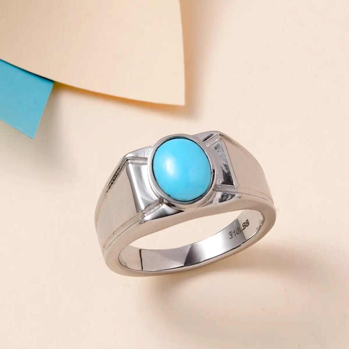 Sleeping Beauty Turquoise Men's Ring in Stainless Steel 1.40 ctw image number 1
