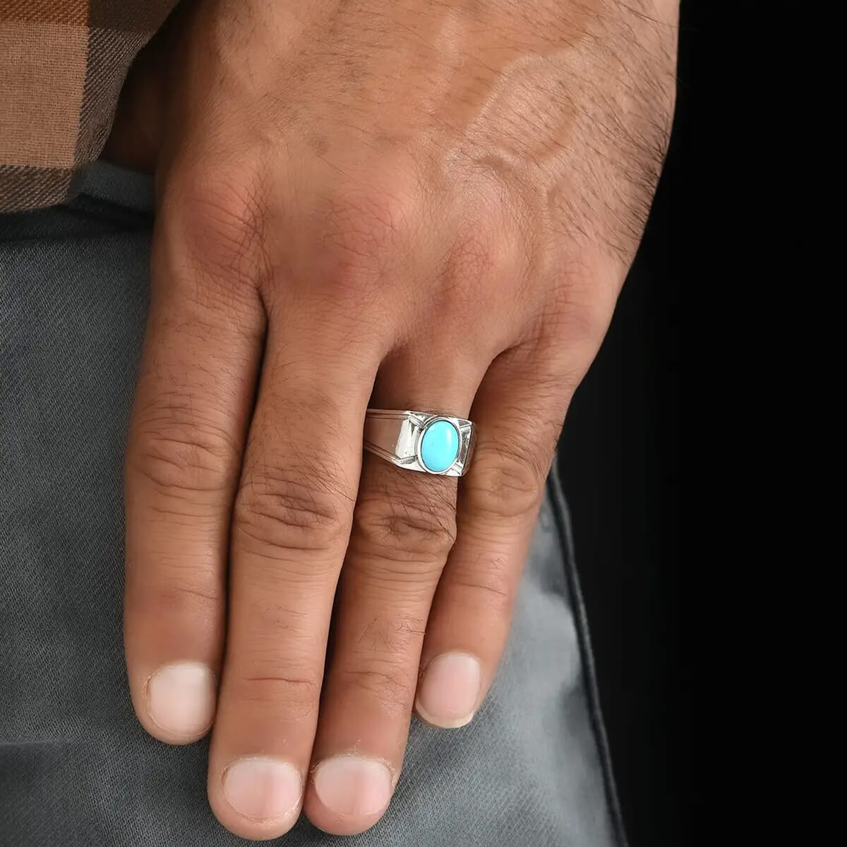 Sleeping Beauty Turquoise Men's Ring in Stainless Steel 1.40 ctw image number 2