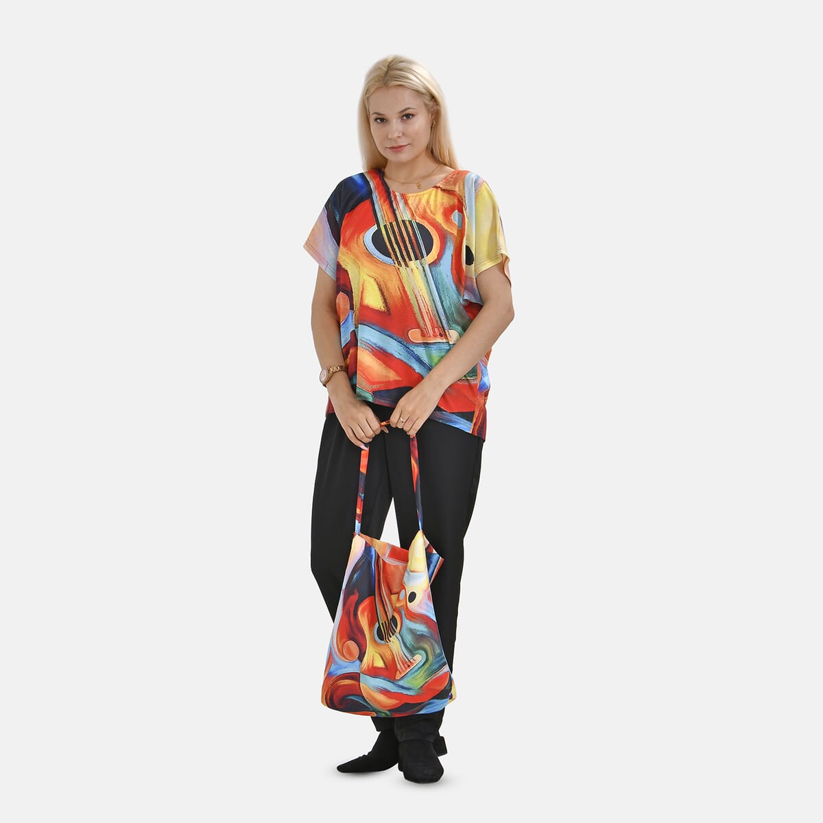 Multi Art Knit Shirt with Canvas Bag - One Size Plus image number 0