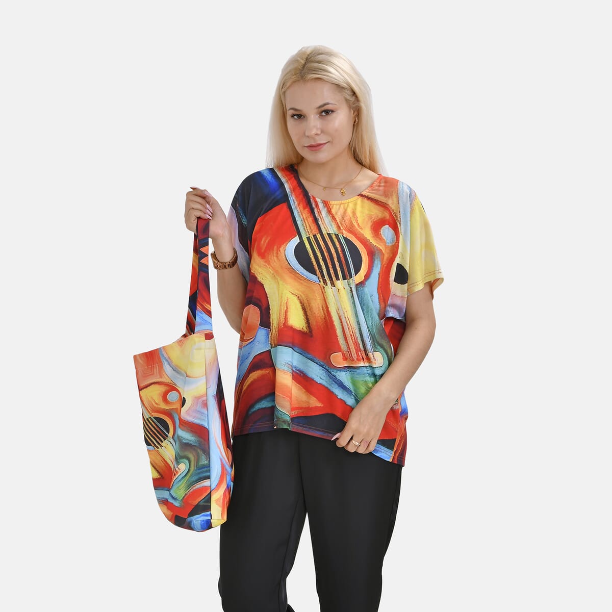 Multi Art Knit Shirt with Canvas Bag - One Size Plus image number 3
