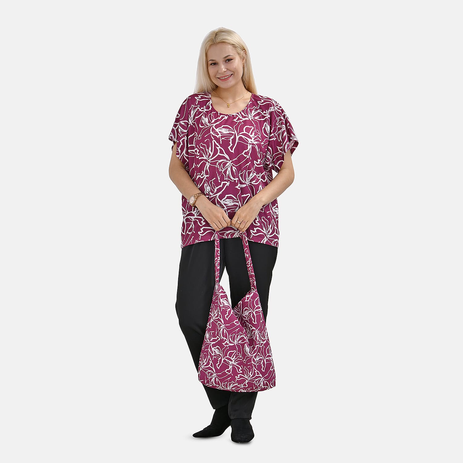 Fuchsia Floral Knit Shirt with Canvas Bag - One Size Fits Most