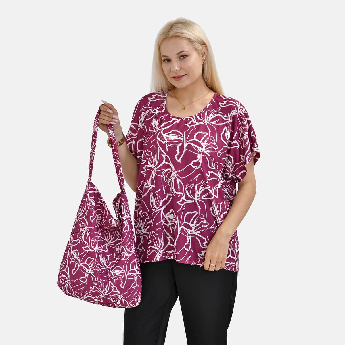 Fuchsia Floral Knit Shirt with Canvas Bag - One Size Fits Most image number 2